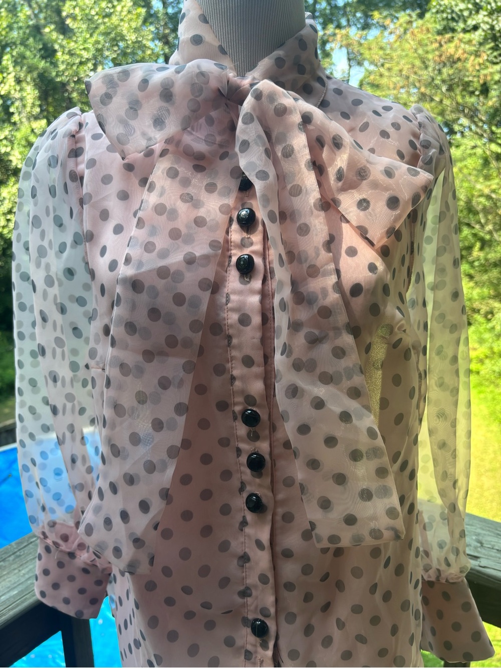 Sheer Polka Dot Bow Blouse - Pink